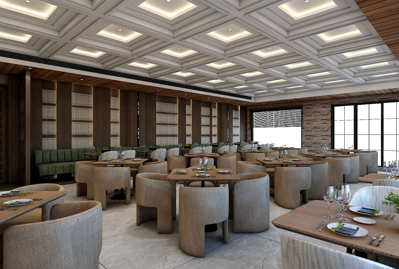 Corner view image of the restaurant with well arranged seating area and a false ceiling above it - Namaste Corbett