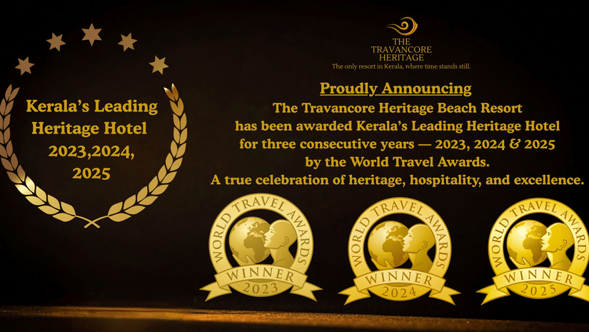 Award announcement for The Travancore Heritage Beach Resort: Kerala’s Leading Heritage Hotel for 2023, 2024, and 2025, recognised by the World Travel Awards, with a message celebrating heritage, hospitality, and excellence.