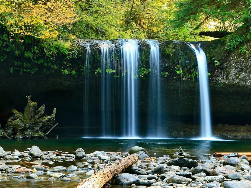 a small waterfall with rocks on the bottom and shallow water