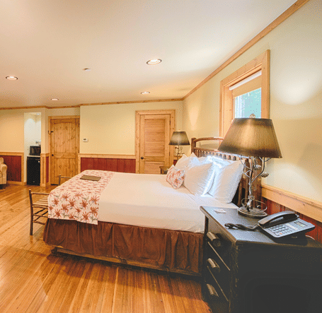 a plush double bed with a lamp placed on a bed side table along with a wall mounted television in the corner - Historic Tapoco Lodge