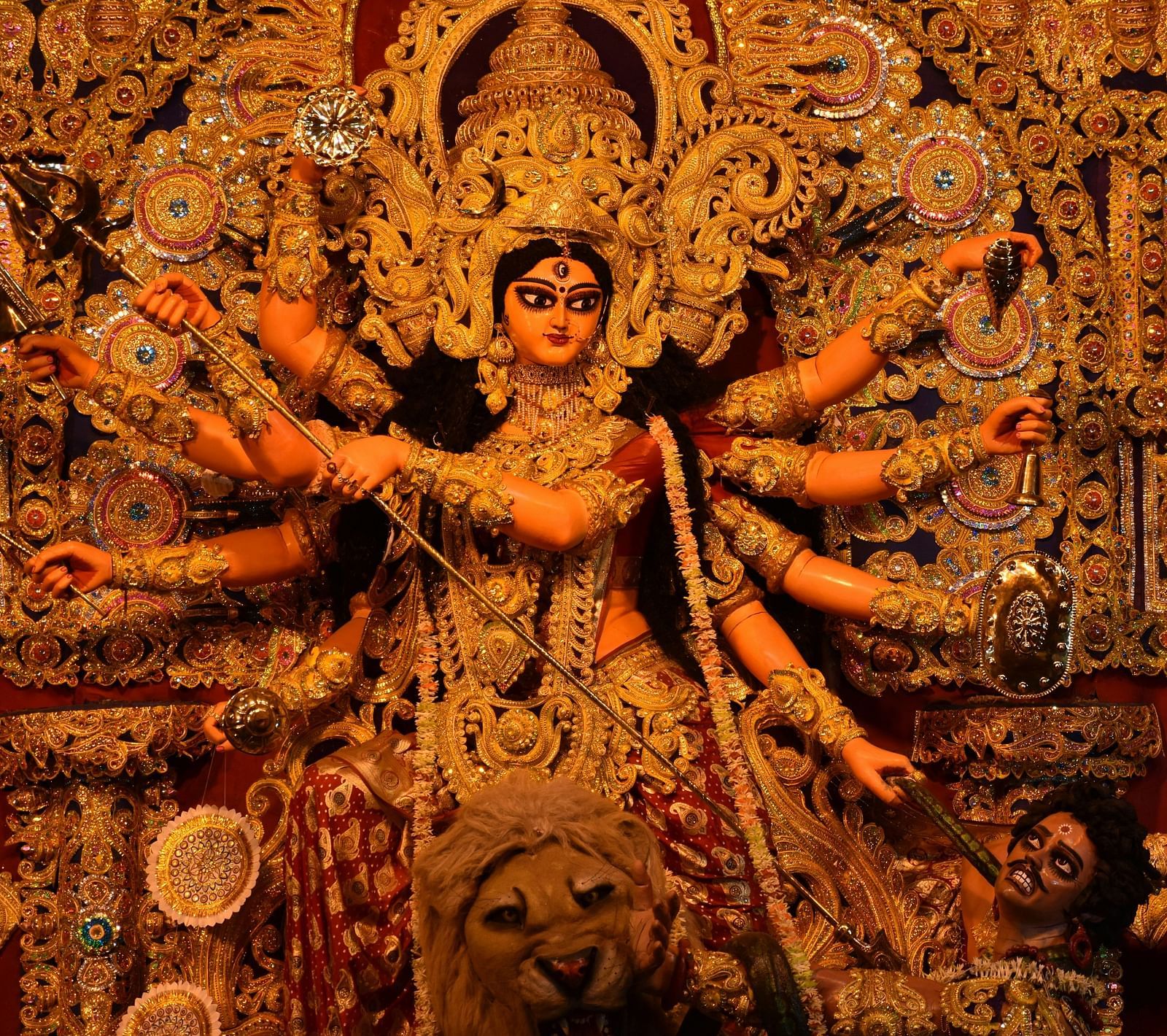 Goddess Durga is adorned for the pooja