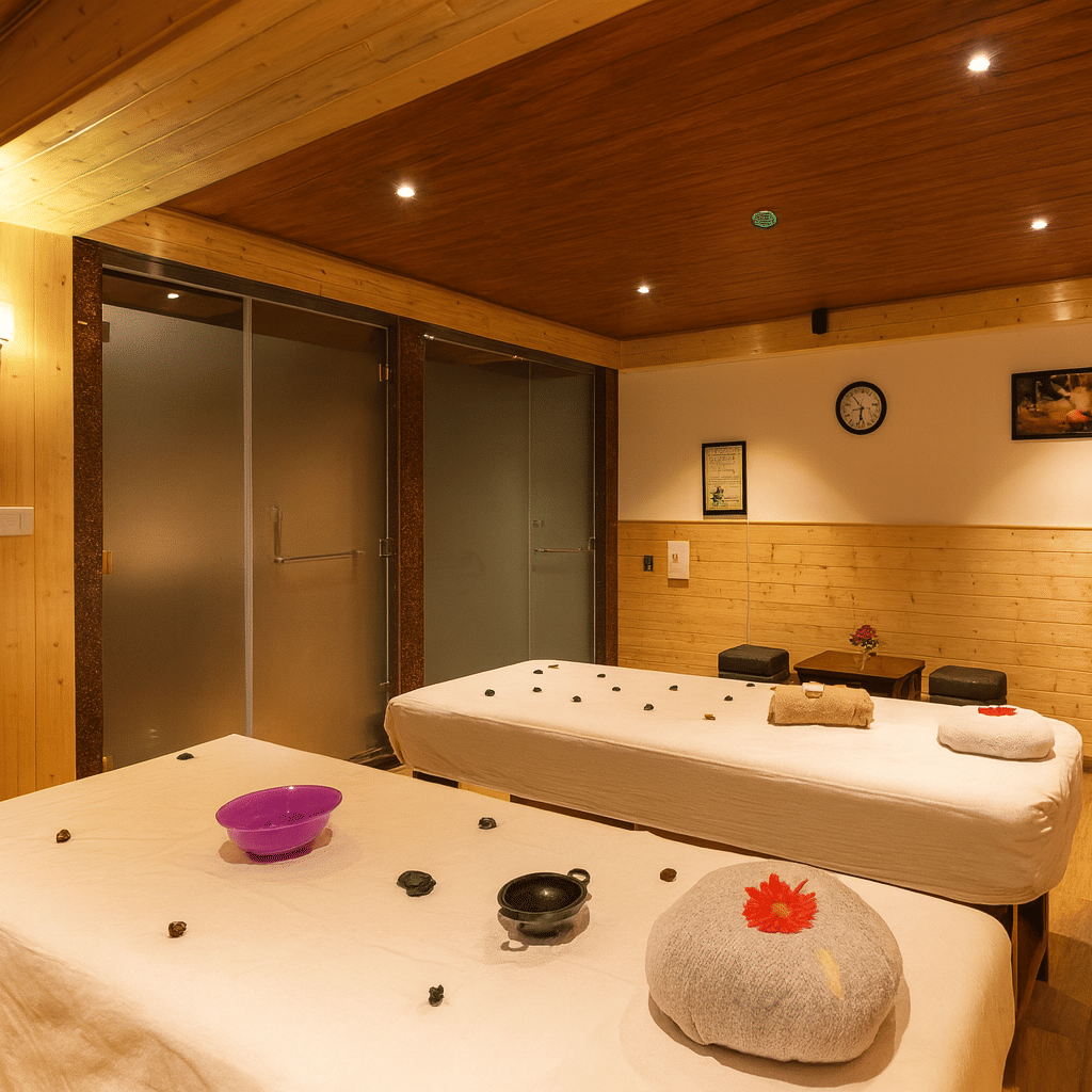 Luxury spa massage room in a Gangtok hotel with wooden interiors, warm premium lighting, and two therapy beds designed for relaxation and wellness