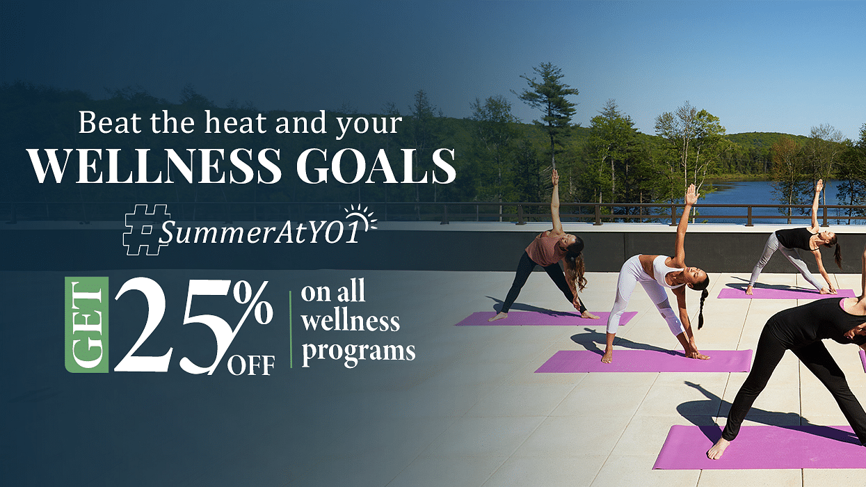 Summer banner showing Group of people practicing yoga on a rooftop with scenic views at YO1 Health Resort, Catskills, New York.