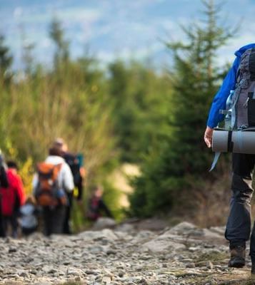 A group of hikers with backpacks are trekking up a rocky trail through a forest.