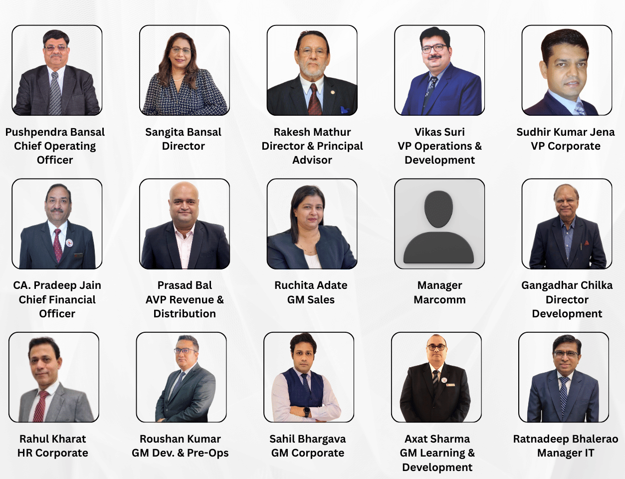 A grid of 15 passport-style photos of corporate team members, with their names and titles.