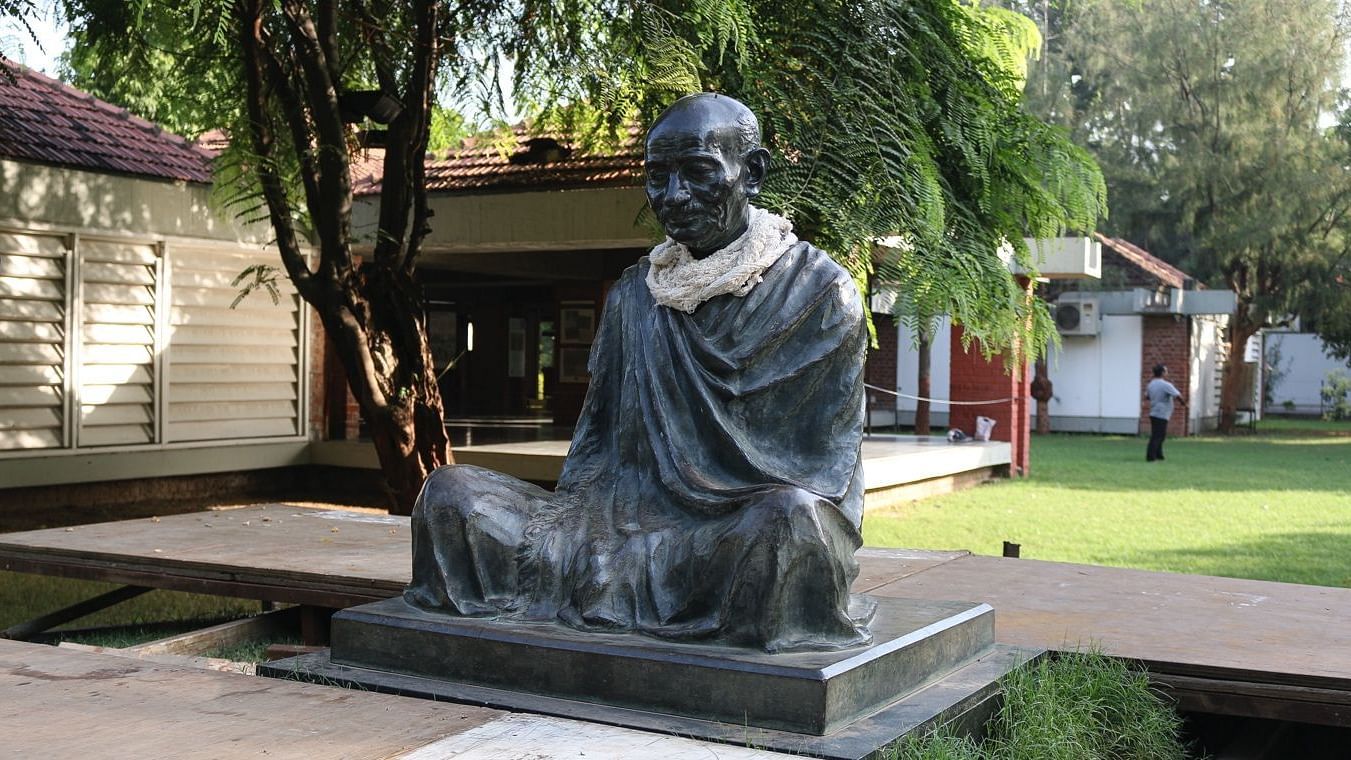 A side view of Mahatma Gandhi's statue at Sabarmati Ashram.