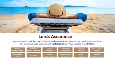 A promotional banner for Lords Assurance with an image of a beach.
