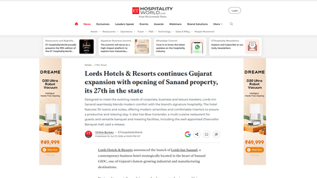 An article by Hospitality World showcasing Lords Hotels opens new hotel in Gujarat.
