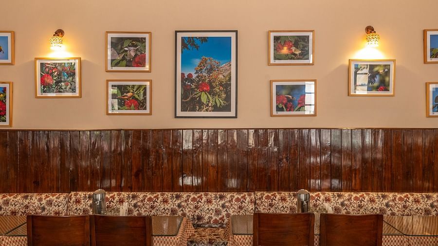wall of Buransh Restaurant features a collection of framed floral and landscape pictures above a polished wooden wainscot and seating area at The Pavilion, Nainital