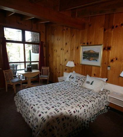 A bedroom in a rustic cabin, showcasing a bed with a patterned comforter and wooden furniture