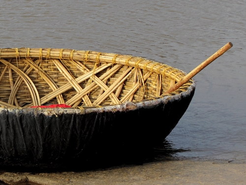 A close up of a Coracle boat with an oar kept inside it, floating on a waterbody near a step. These coracle rides provide opportunities to visit the many places to see in Kabini.