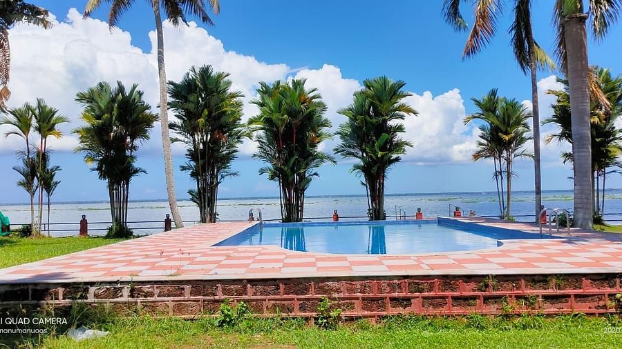 an image of a swimming pool with green trees around 