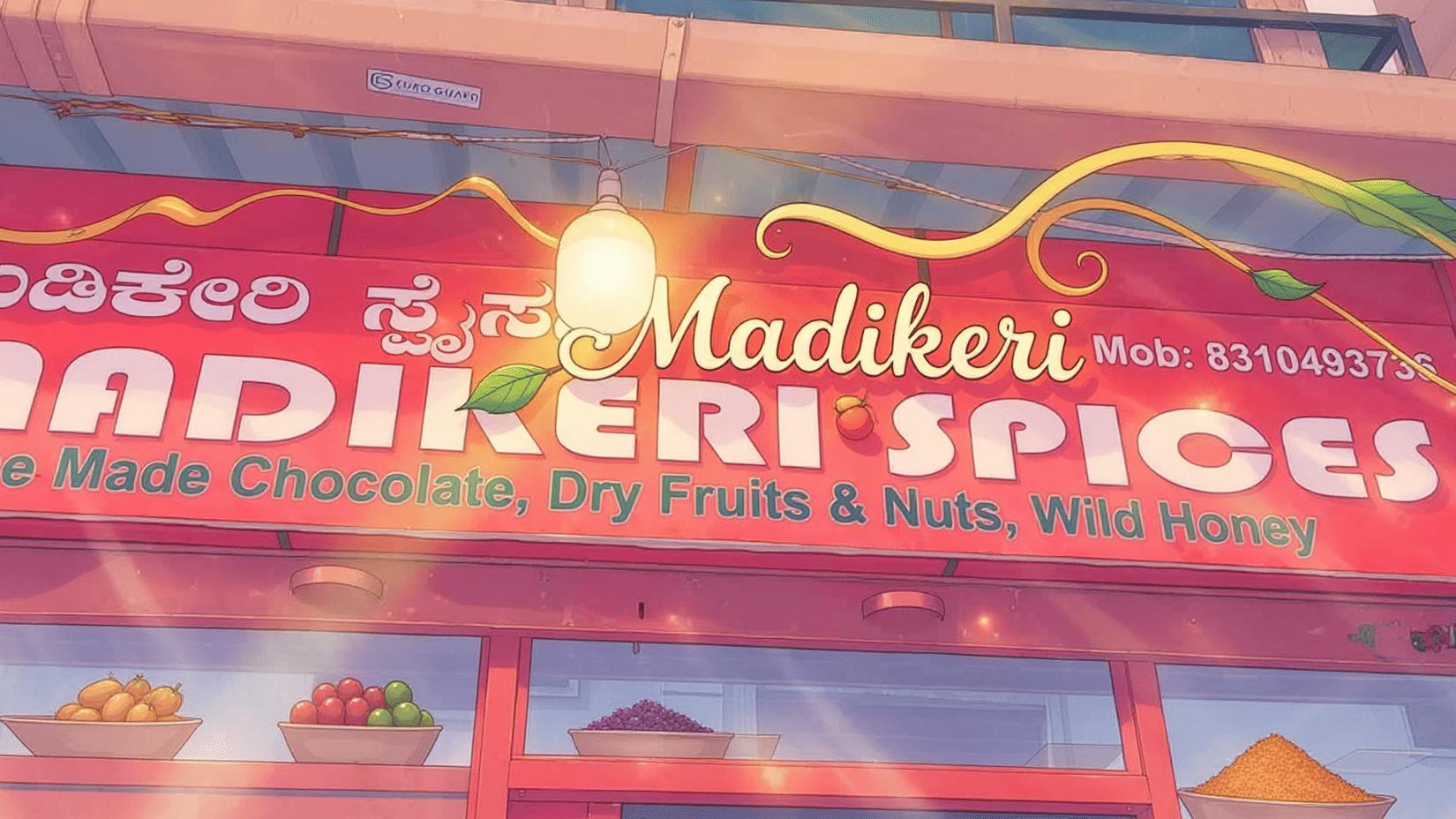 Front view of Madikeri Spices shop in Coorg, known for selling authentic local honey, spices, and regional products.