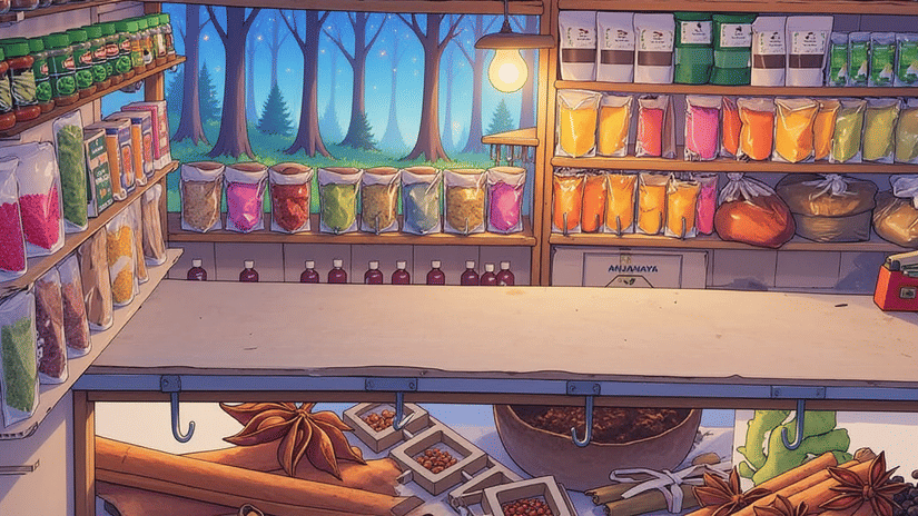 Interior view of a spice and honey store in Coorg showcasing colourful shelves of regional products.