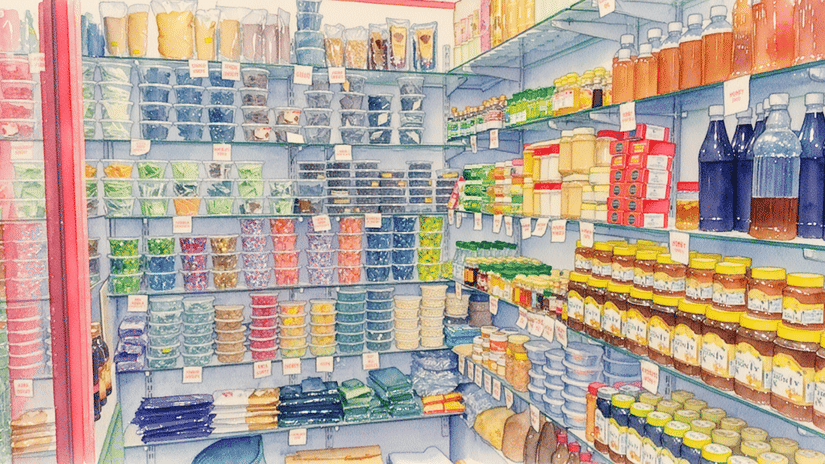 Interior shelves of a Coorg grocery store displaying local honey, spices, and regional products.