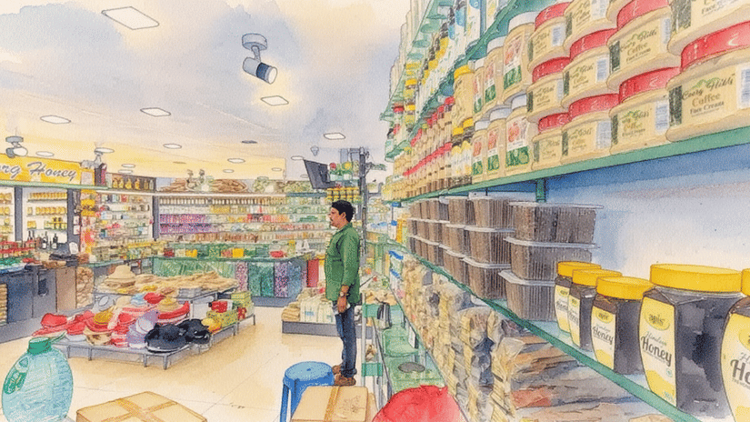 Inside a Madikeri spice store showing neatly arranged jars of honey, spices, and local produce.