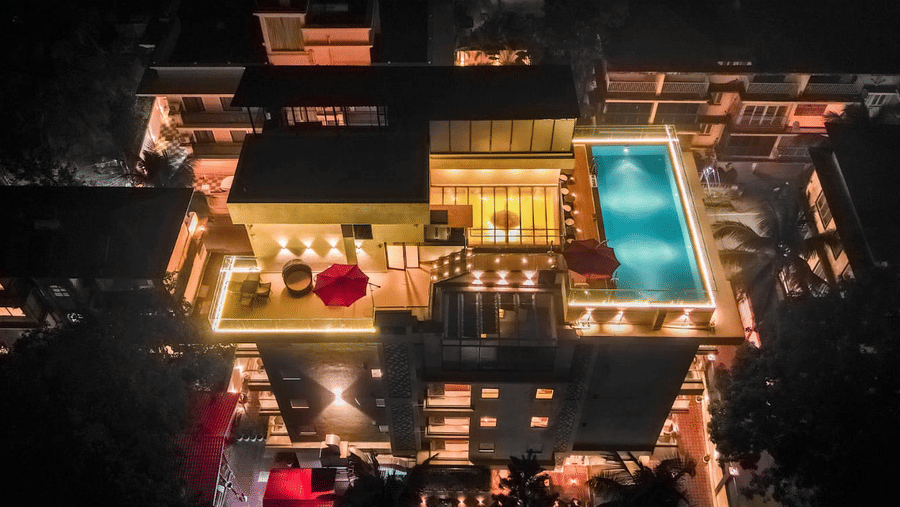 Exterior view of Hotel Southgate Goa, Calangute, featuring the hotel's contemporary architecture, spacious frontage and welcoming entrance for arriving guests.