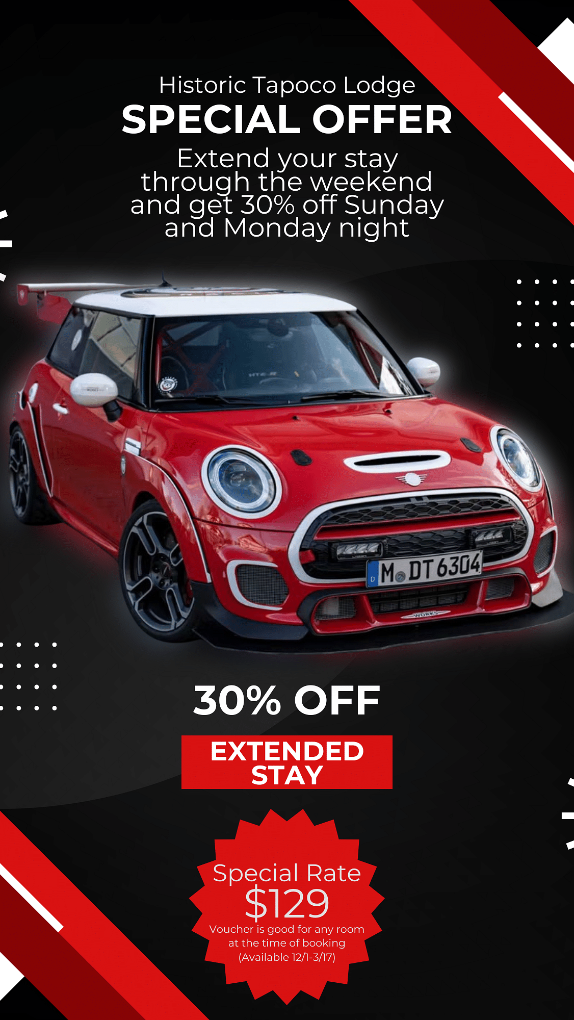 Red Mini Cooper featured in a special offer advertisement with black and red geometric accents - Historic Tapoco Lodge