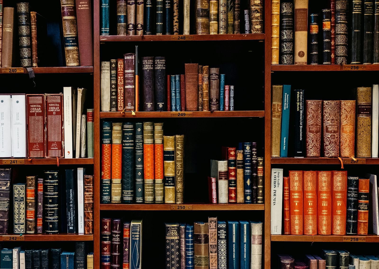 A close up of a library section with many books kept on the shelves.