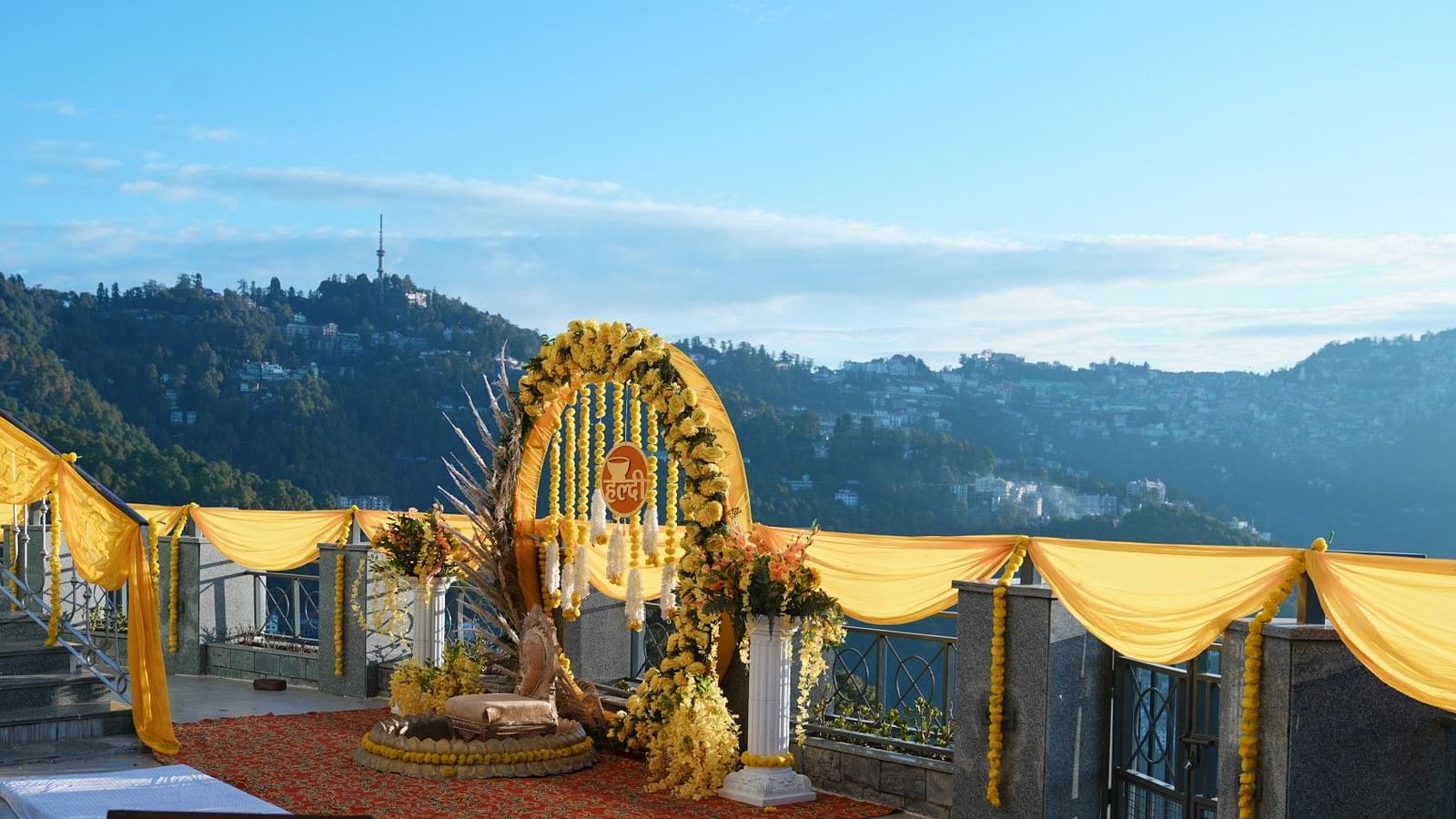 A far shot of the haldi ceremony decoration at the Zion, shimla