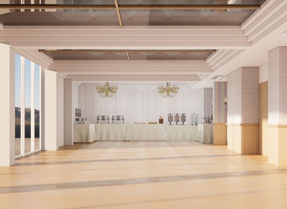 Spacious indoor hall with wooden flooring and chandeliers at ARNISA Boutique Hotel