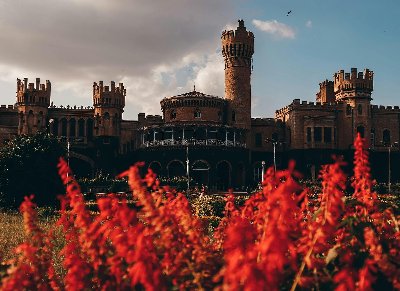A majestic brown brick palace with towers and battlements, partially obscured by vibrant red flowers in the foreground.