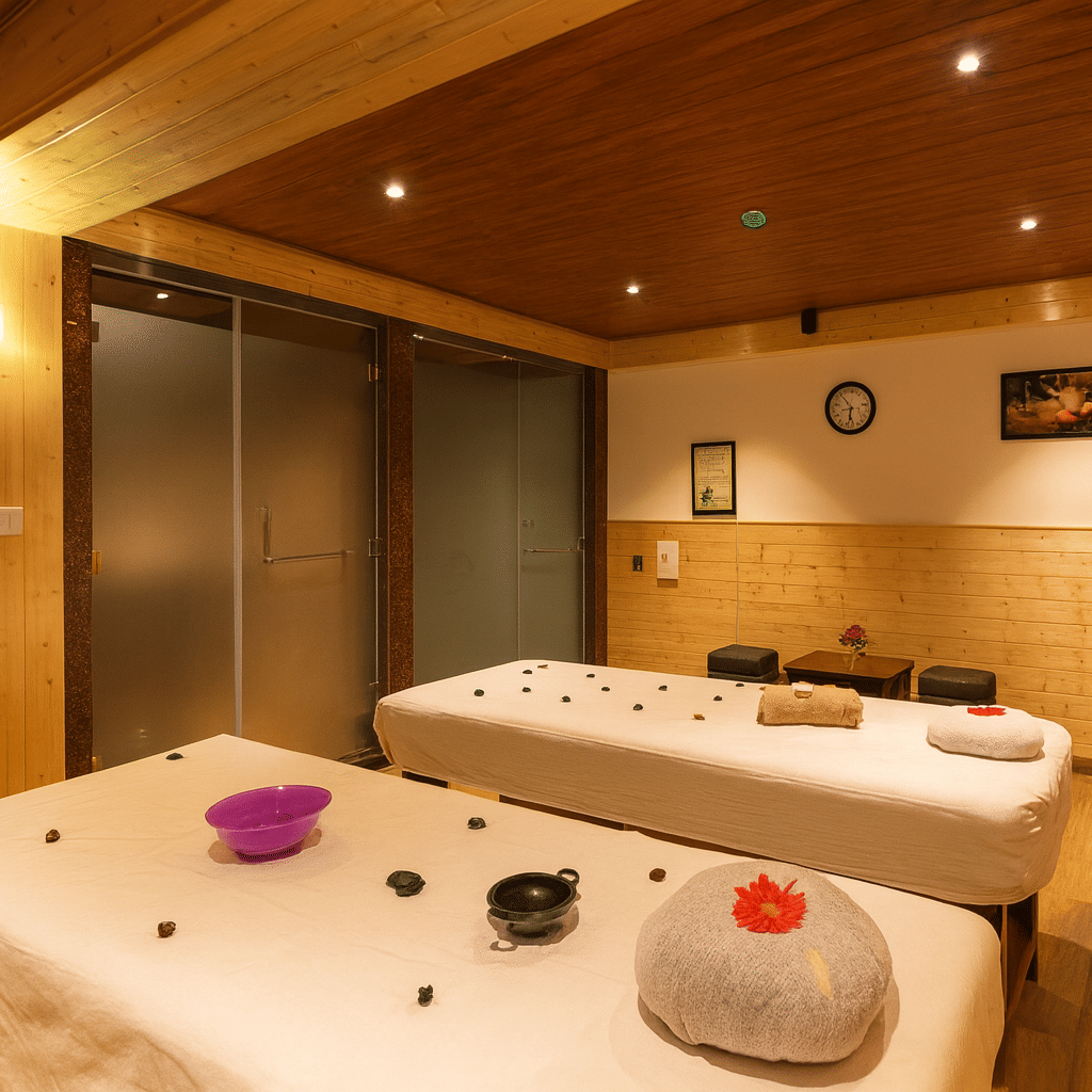 Luxury spa massage room in a Gangtok hotel with wooden interiors, warm premium lighting, and two therapy beds designed for relaxation and wellness