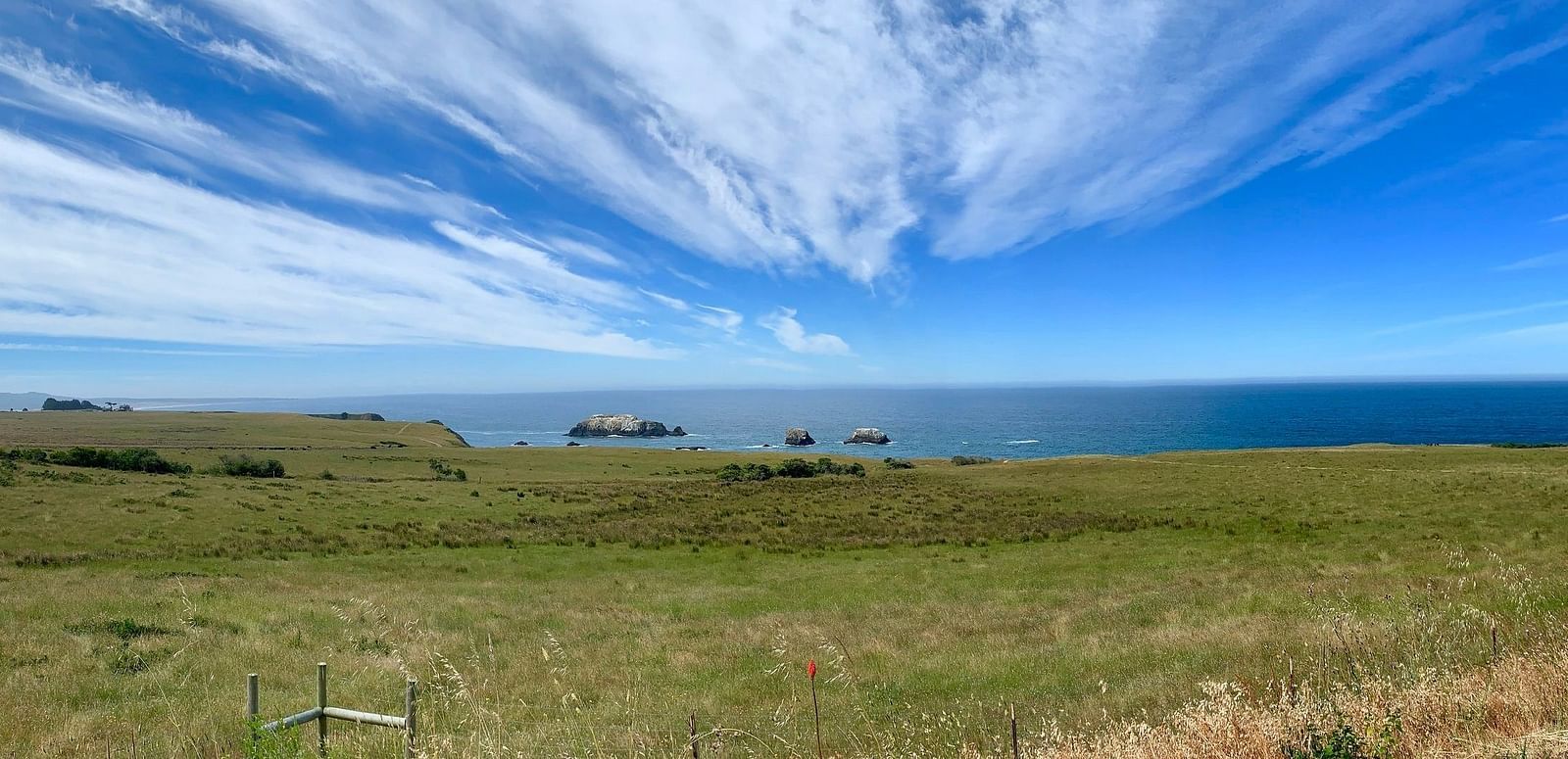 A wide landscape shows a grassy field leading to a body of water under a sky with wispy clouds.