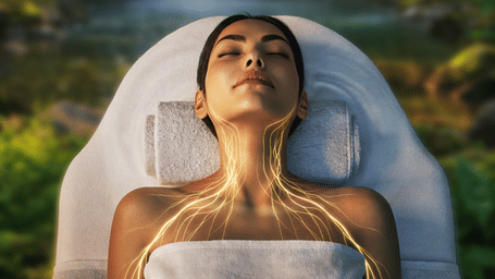 Woman enjoying a relaxing spa therapy surrounded by nature, promoting wellness and rejuvenation with The Longest Nerve treatment experience.
