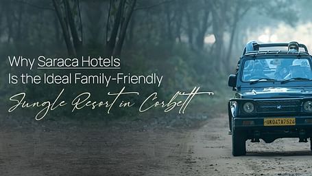 A jungle safari jeep on a misty forest trail with the text “Why Saraca Hotels Is the Best Family-Friendly Jungle Resort in Corbett.”