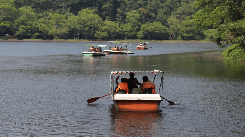 A row boat carrying people navigates a Pookode Lake, Wayanad, surrounded by trees.