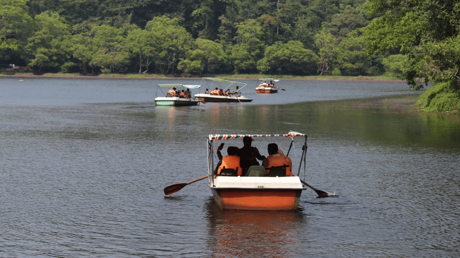 A row boat carrying people navigates a Pookode Lake, Wayanad, surrounded by trees.