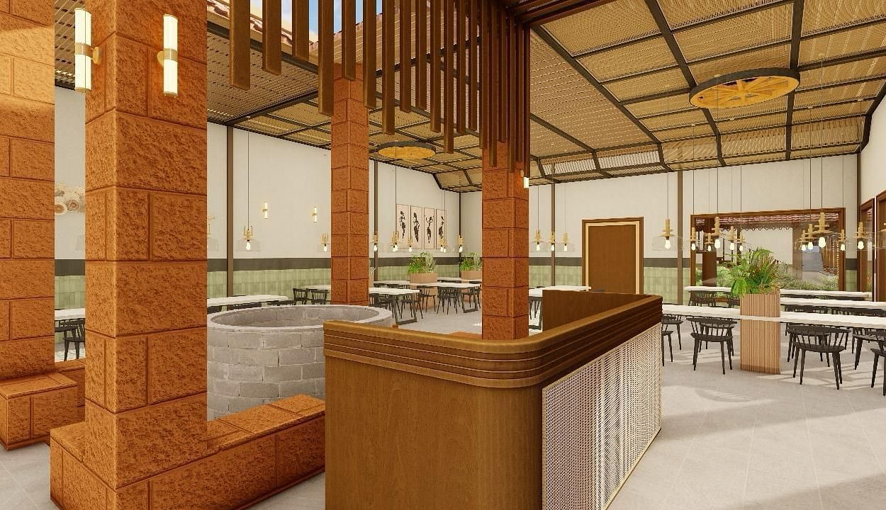  Interior view of a resort's reception with wooden structures | Ayana Resorts & Convention, Hyderabad