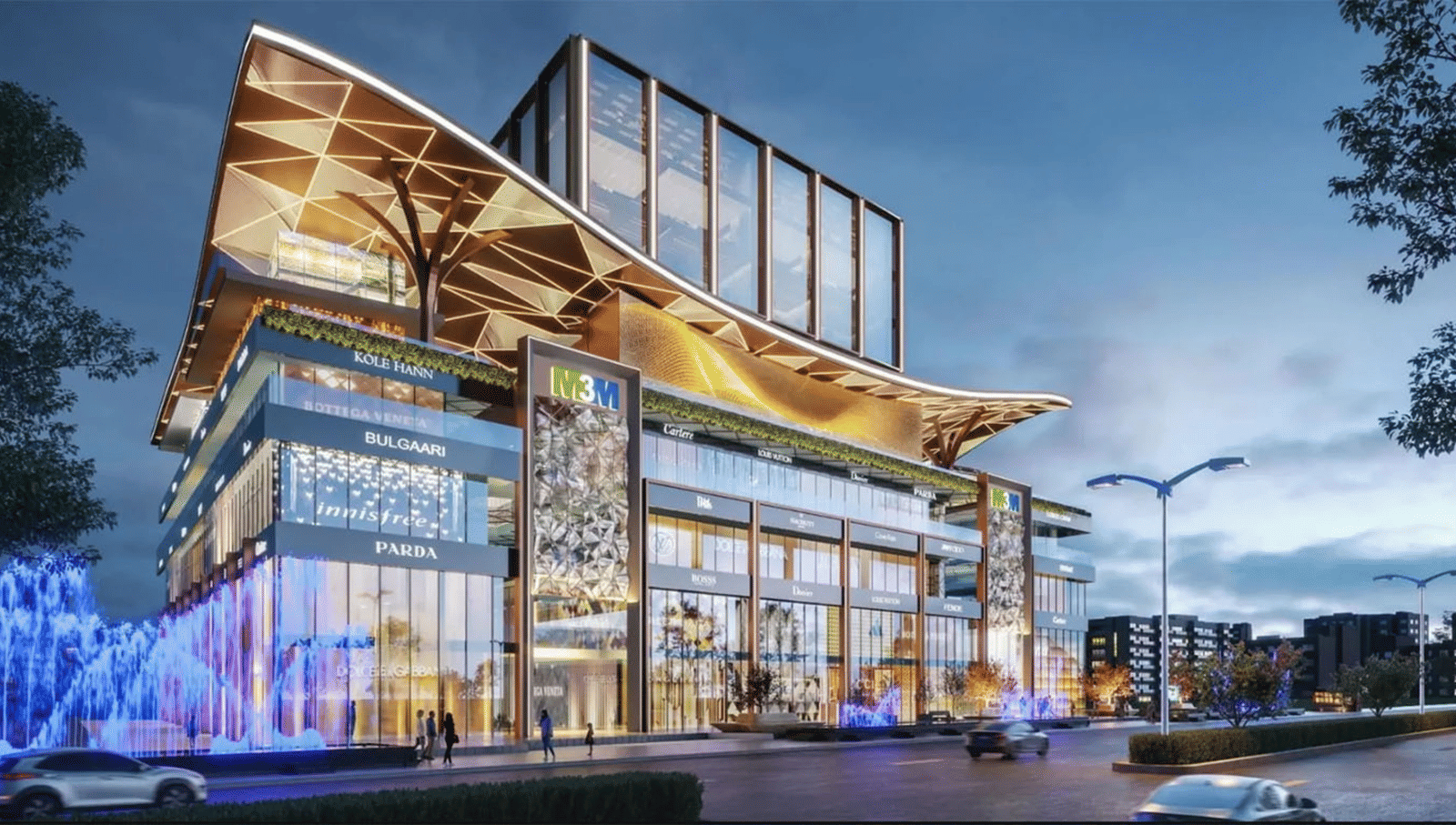 A facade image of a mall in Gurgaon with lights and shops