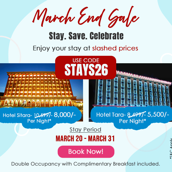 Promotional banner for March End Gala hotel sale, featuring Tara Hotel at INR 5,500 per night and Hotel Sitara at INR 8,000 per night, valid March 20–31 with coupon code STAYS26.