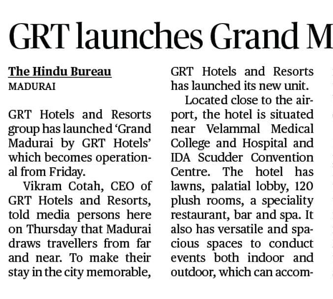 Image of a newspaper clipping clipping talking about GRT launching Grand Madurai