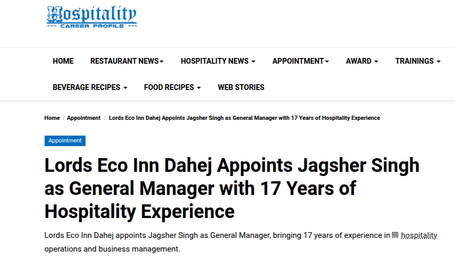 An article by Hospitality Career showcasing Lords Eco Inn Dahej Appoints Jagsher Singh as General Manager with 17 Years of Hospitality Experience.