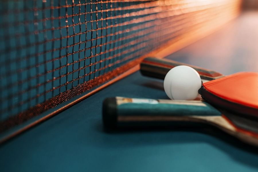 table tennis racket and a ball kept by a net
