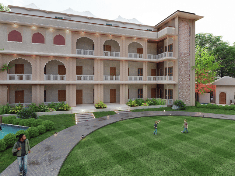 A 3-storey building with arched balconies and a central entrance, facing a landscaped lawn with a curved pathway and a few people walking, shown as an architectural visualisation at Ananta Elite Bharatpur.