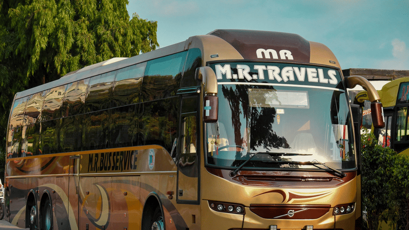 Tourist bus parked on the roadside with greenery in the background.