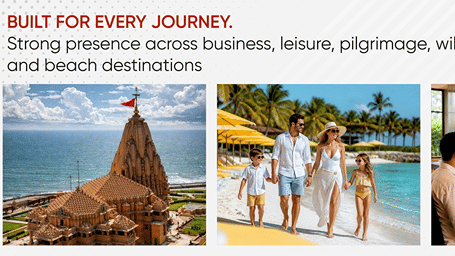 A promotional banner displaying images of a coastal temple, a family walking on a tropical beach, and guests fine-dining in a resort.