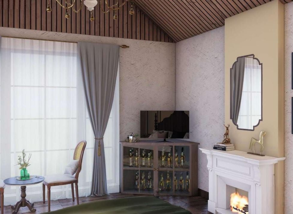 Cosy room with a vaulted wooden ceiling, a classic fireplace, and dark curtains framing the window at BluSalzz Terrah Hills Resort, Dalhousie.
