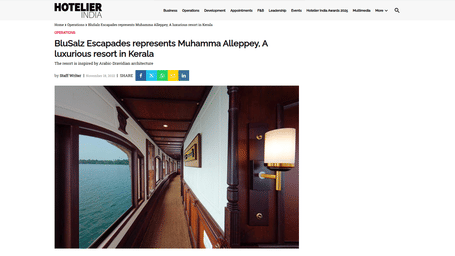 A snapshot of an article published by 'Hotelier India' about BluSalzz Villas - Muhamma Resort, Alleppey.