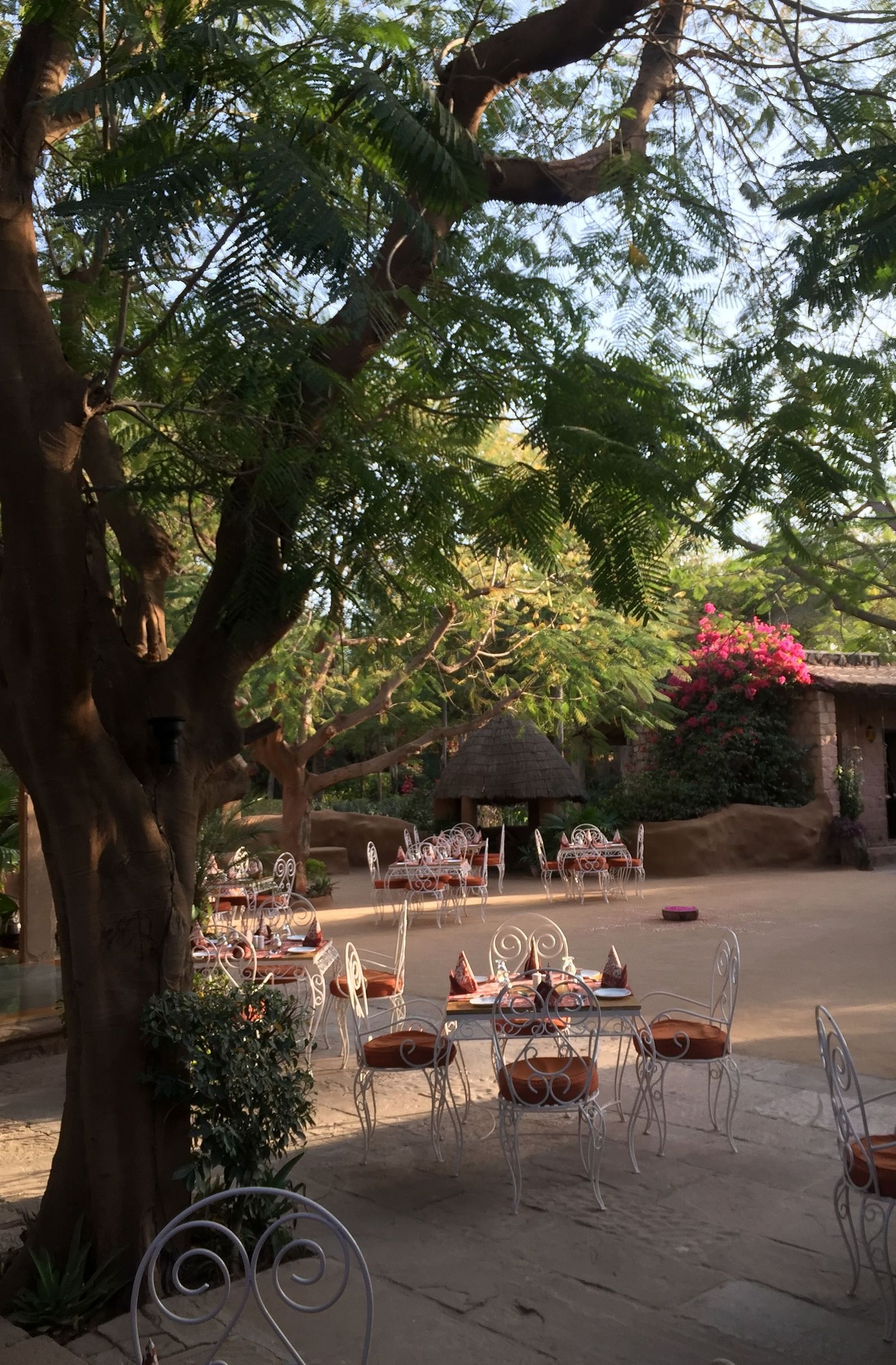 An image of the outdoor seating arrangement of the Taasli Restaurant at Manvar Shergarh - Manvar Resort & Desert Camp