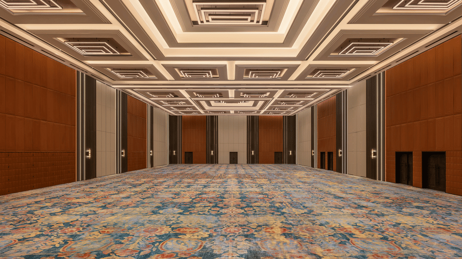 Convention Centre hall with patterned carpet, ready for an event at The Residency Signature Madurai.