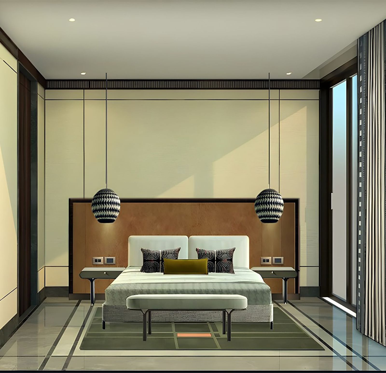Bedroom in Sanctuary Suites at The Riverview Retreat, Corbett with king-size bed, warm lighting, and modern interiors.