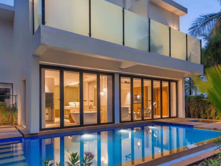 Luxury villas in South Goa with private pool at Azaya Beach Resort Goa, featuring modern architecture.