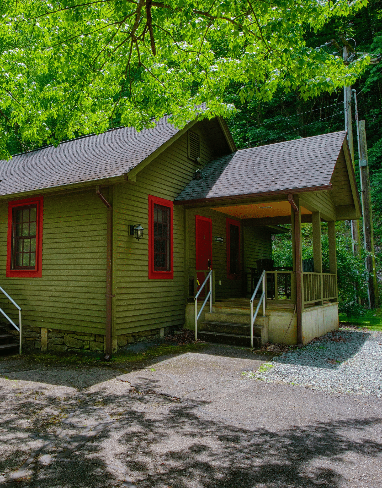 facade image of a cabin with green exterior walls camouflaging with the lush green surroundings - Historic Tapoco Lodge