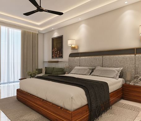 A room with modern interiors and bright lighting featuring a double bed in the middle along with two bed side tables. - Namaste Corbett