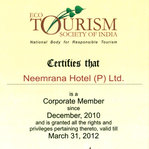 2012 Tourism society of India certificate to NHPL - March-2012